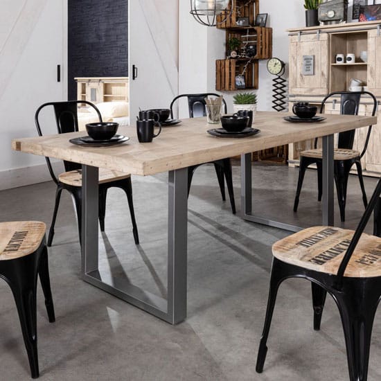Table en bois blanchi et pieds en métal gris