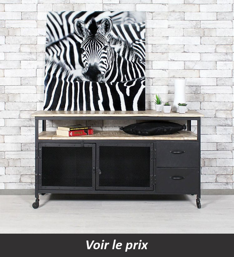 Meuble TV à roulettes en 2 parties, 2 tiroirs, 1 grand plateau en Hévéa recyclé naturel et métal 100x45x50cm LOFT
