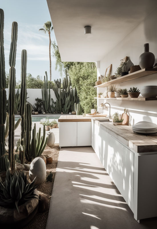 Luxurieux jardin de cactus avec coin cuisine blanc