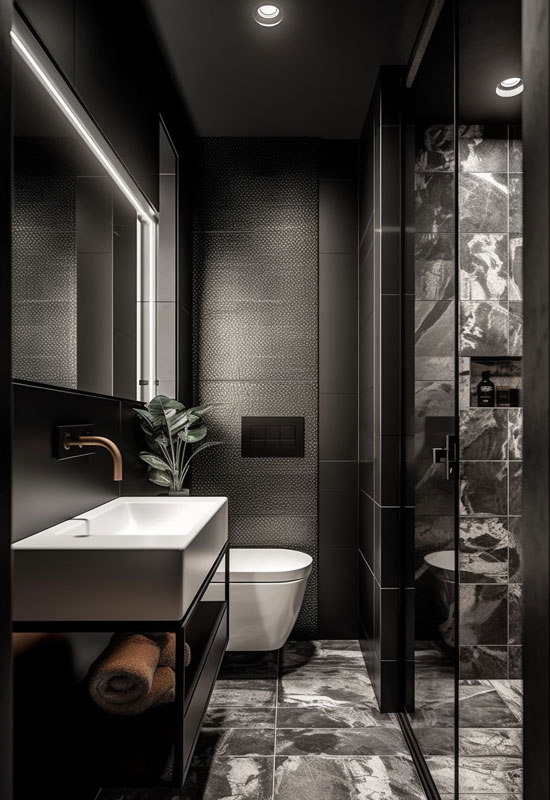 Total look marbre noir dans salle d'eau moderne