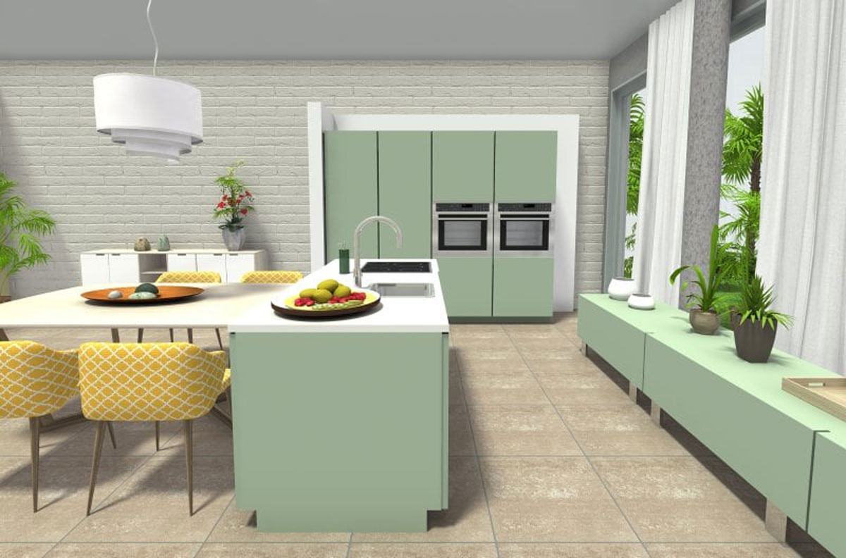 Rendu 3D d'une cuisine conçue virtuellement avec ce logiciel de décoration intérieur gratuit en ligne