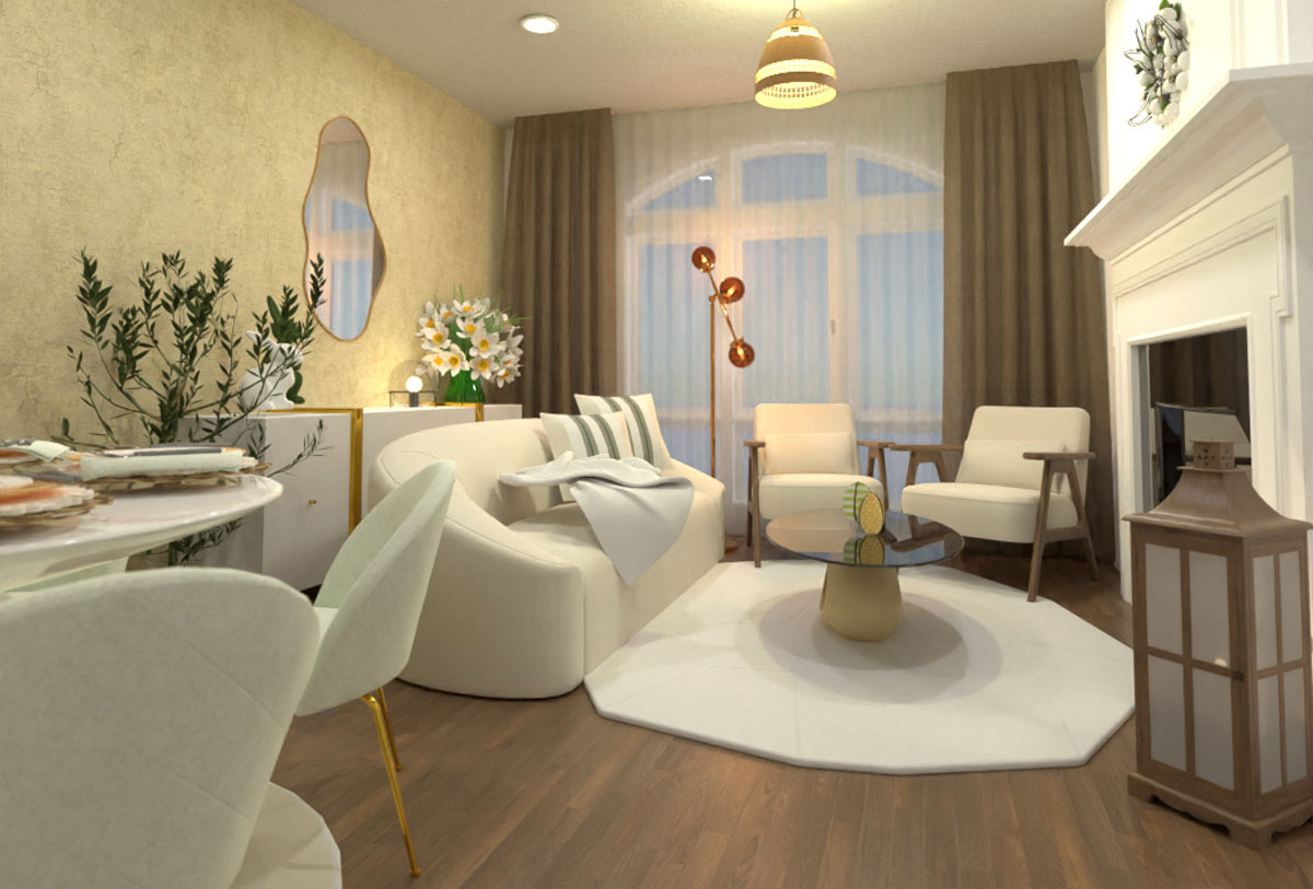 Rendu photoréaliste d'un petit salon blanc avec ce logiciel de décoration intérieur gratuit en ligne