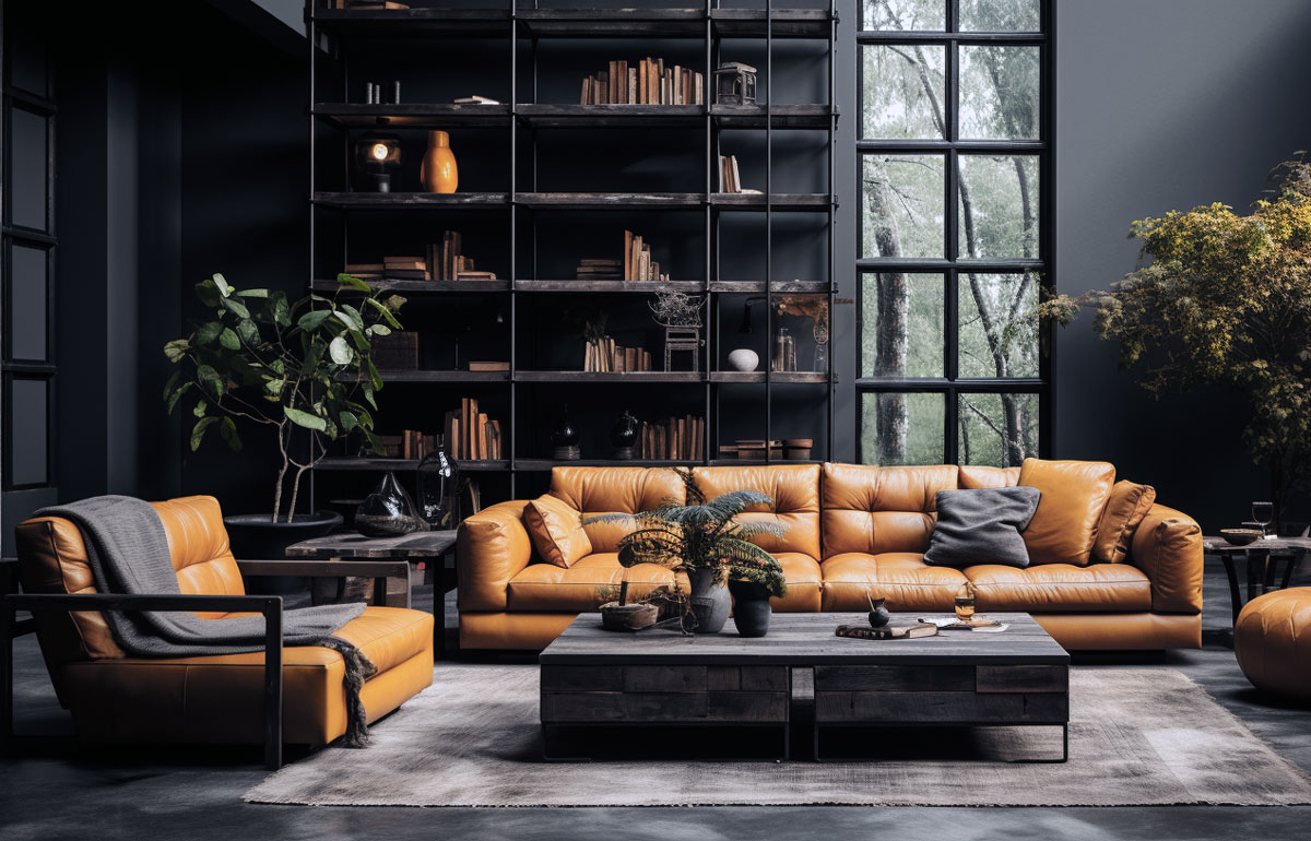 Salon noir au style industriel, réchauffé par des assises en cuir