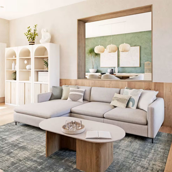 Un canapé clair Maisons du Monde embelli votre séjour et s'harmonise avec le bois et les matières naturelles