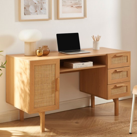 Bureau à faible profondeur en bois et cannage June Bureau à faible profondeur en bois et cannage June