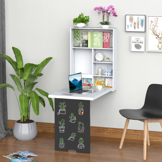 Bureau mural pliable Homcom avec tableau craie en situation