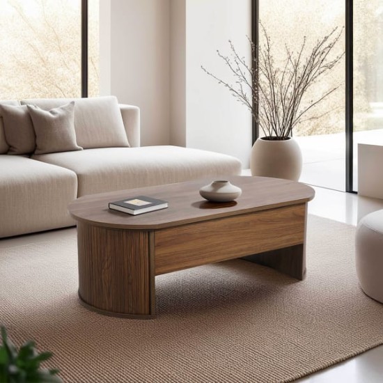 Table basse ovale avec plateau relevable et rangement Table basse ovale avec plateau relevable et rangement