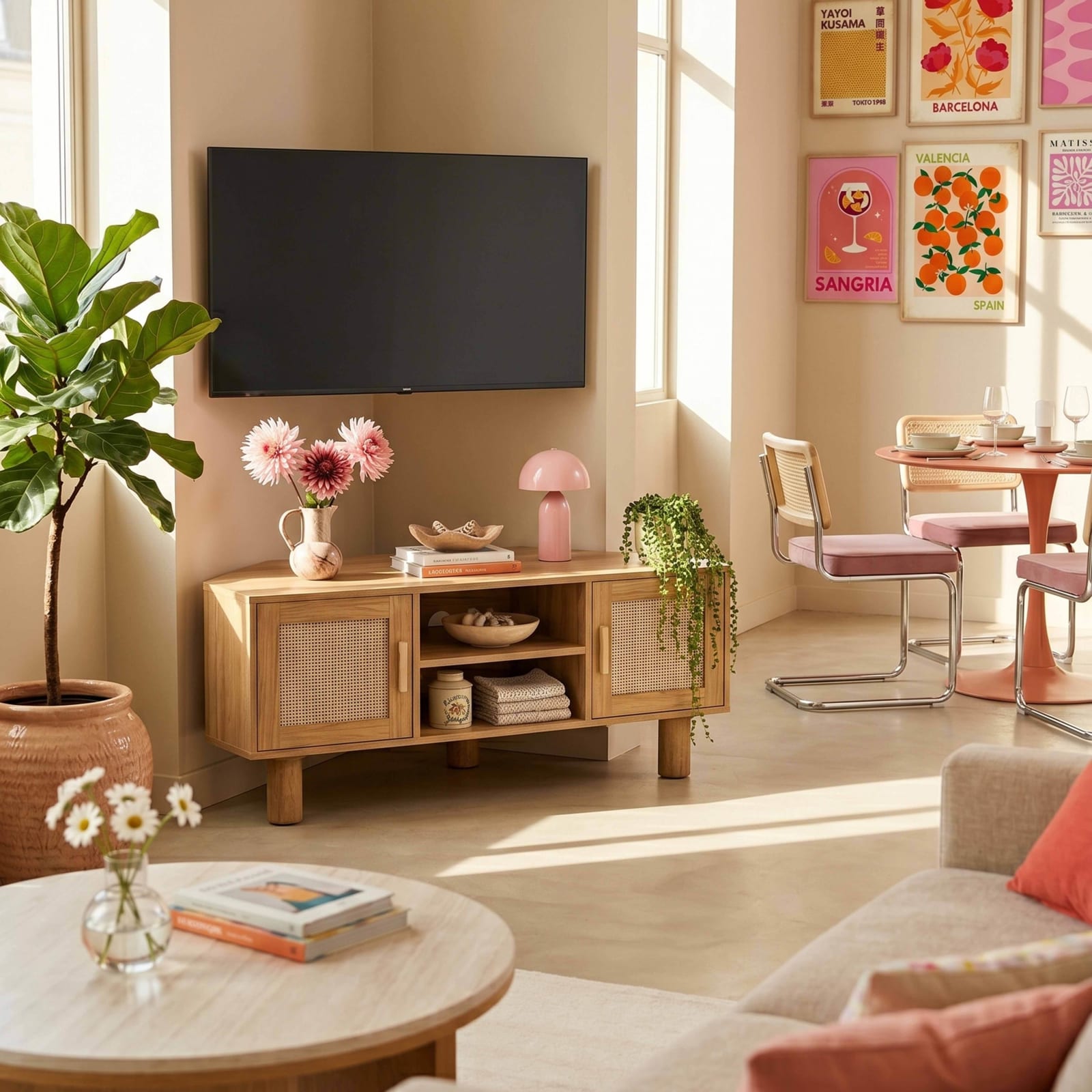 Meuble TV d'angle Adam en rotin scandinave en ambiance salon