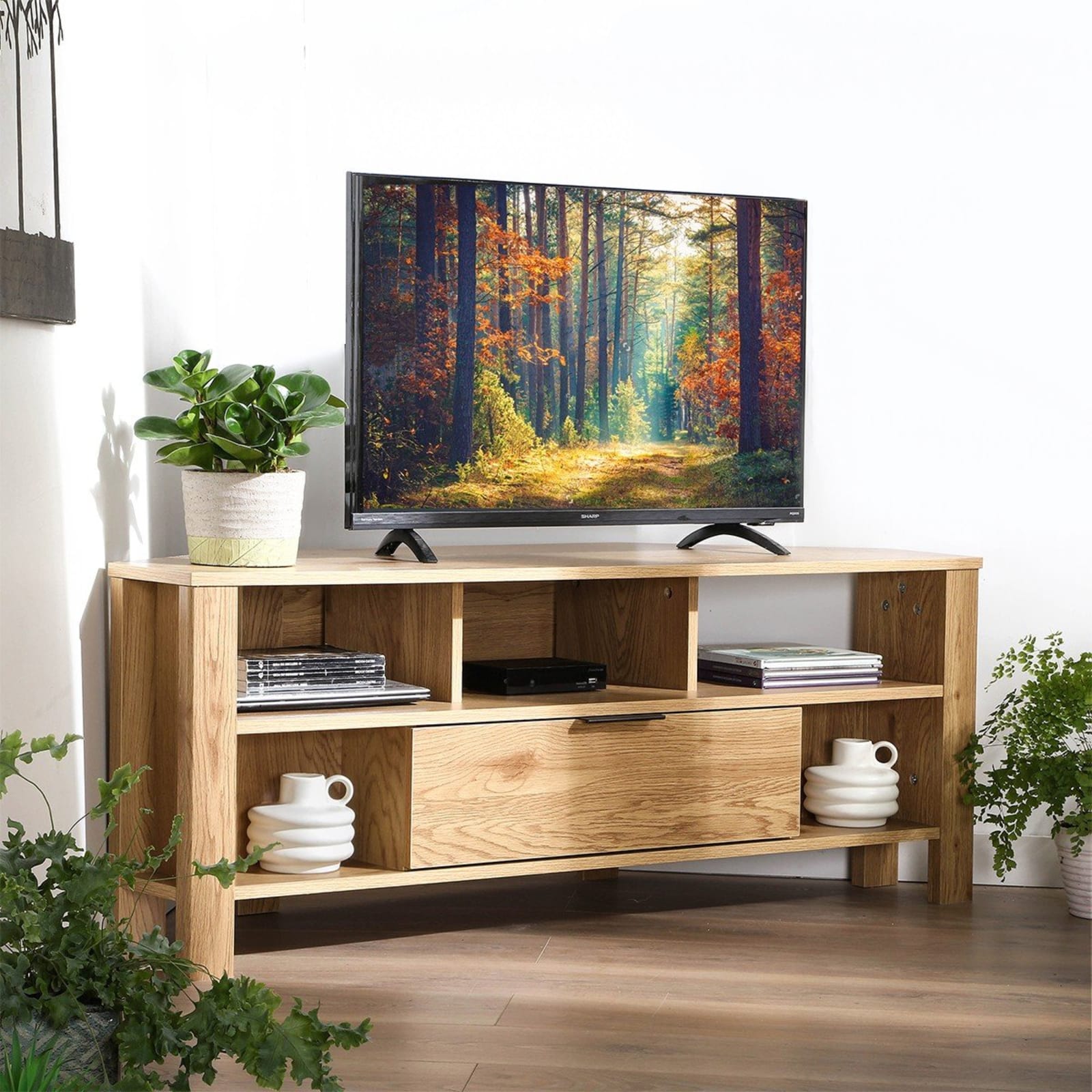 Meuble TV d'angle décor chêne Calicosy en ambiance salon