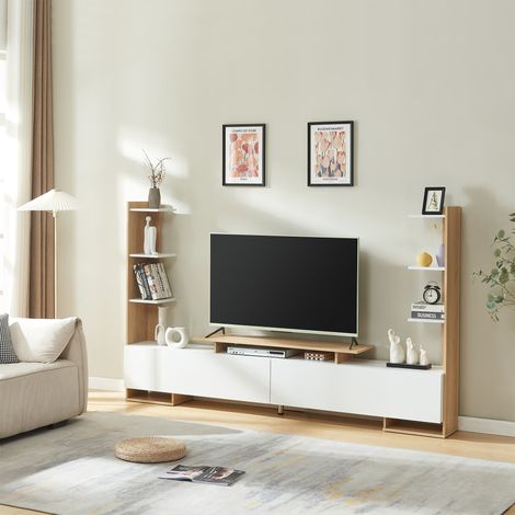 Meuble TV bibliothèque Rauki étagères latérales blanc et chêne