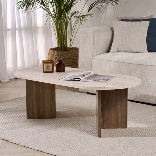 Table basse ovale contemporaine bois et travertin Table basse ovale contemporaine bois et travertin