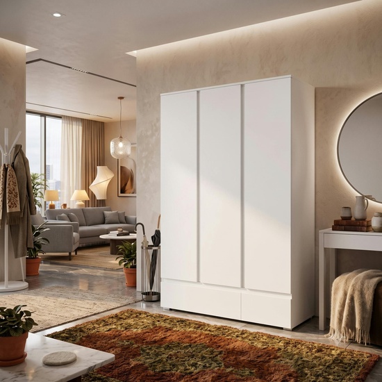 Armoire blanche Alva dans un dressing ouvert avec miroir rond et coiffeuse