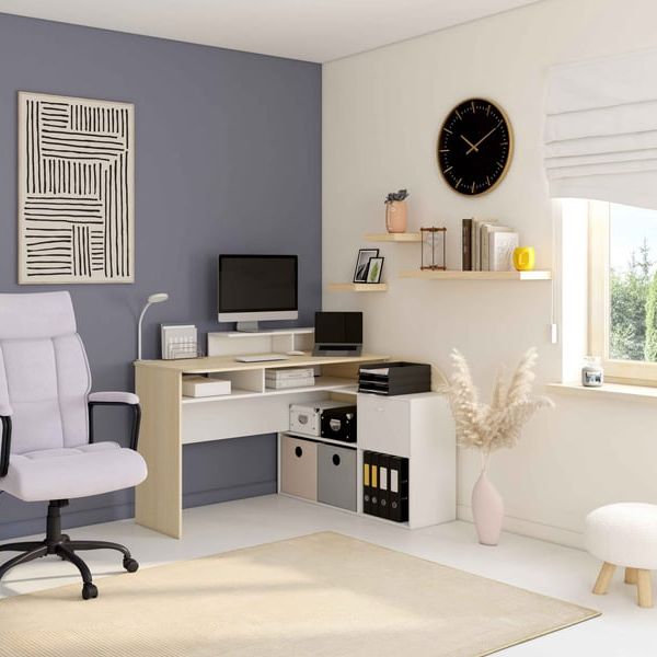 Bureau d'angle blanc et chêne en ambiance