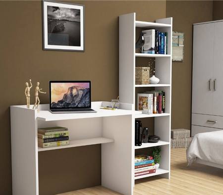 Bureau bibliothèque MILAN installé dans une chambre avec livres et objets déco