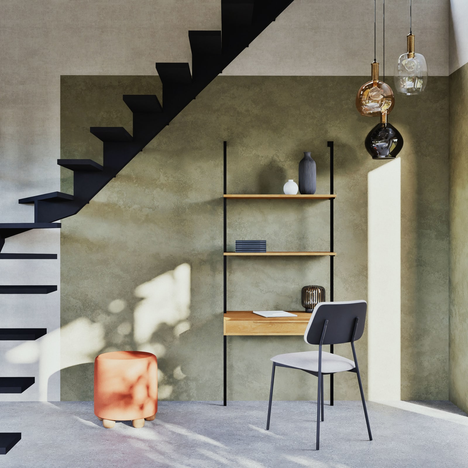Étagère murale bureau vintage Portobello installée sous un escalier