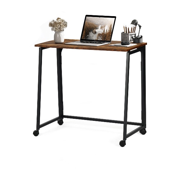 Petit bureau pliable Ascoli à roulettes, plateau bois foncé et métal noir