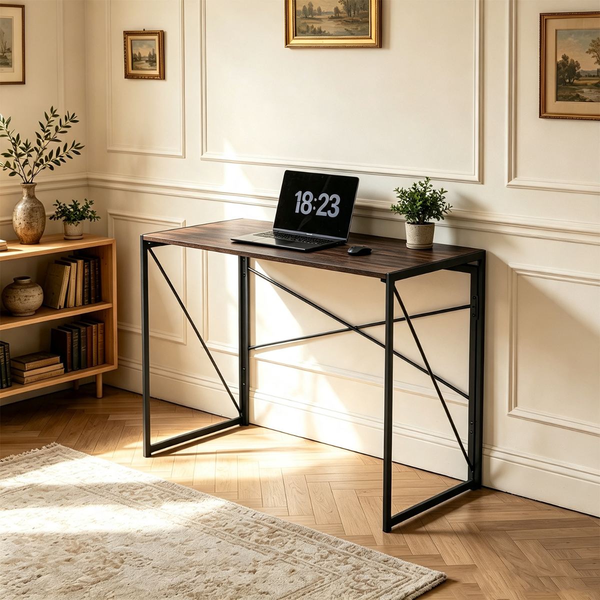Bureau pliable Harper installé le long d’un mur à moulures dans un salon au parquet chevron
