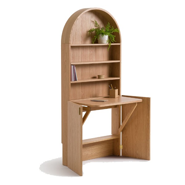 Bureau pliable Marcela, bibliothèque en chêne à abattant rabattable