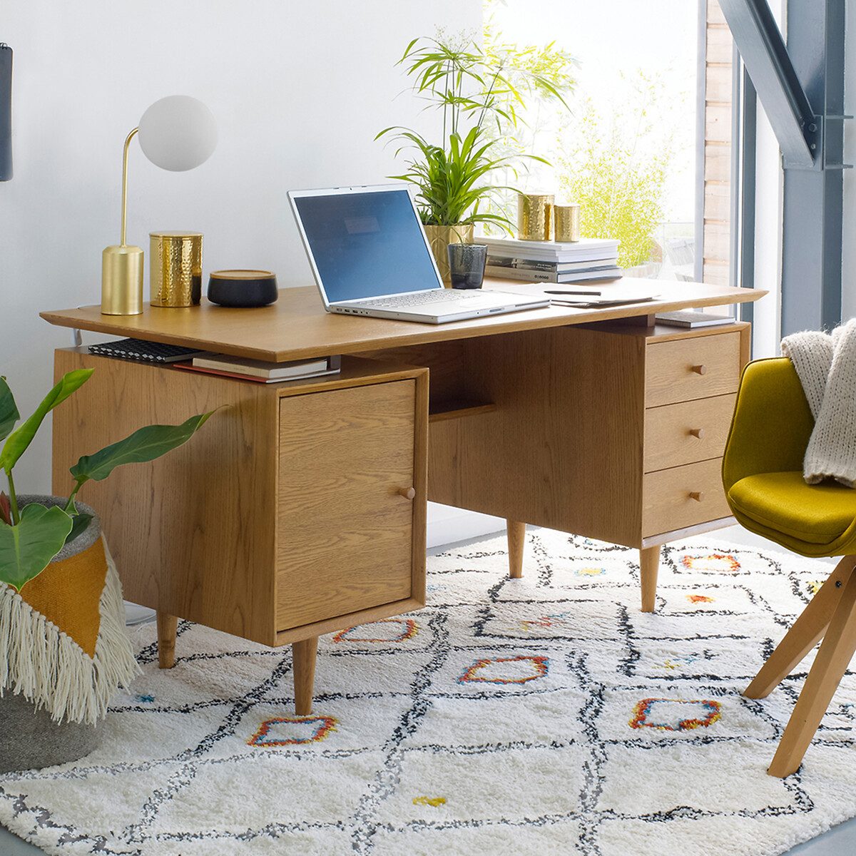 Bureau vintage double caisson Quilda en chene massif La Redoute
