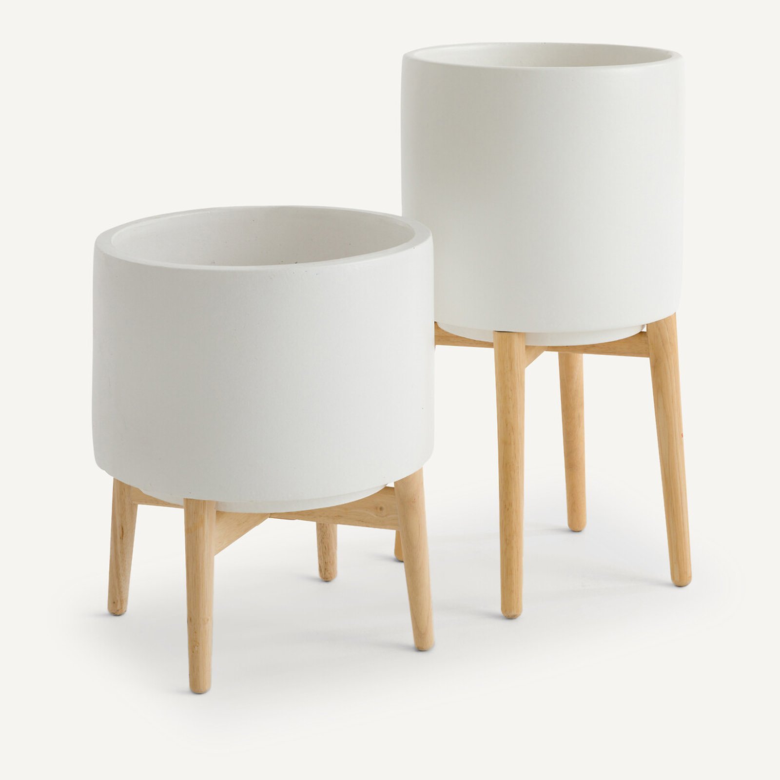 Cache-pot sur pied blanc en céramique et hévéa