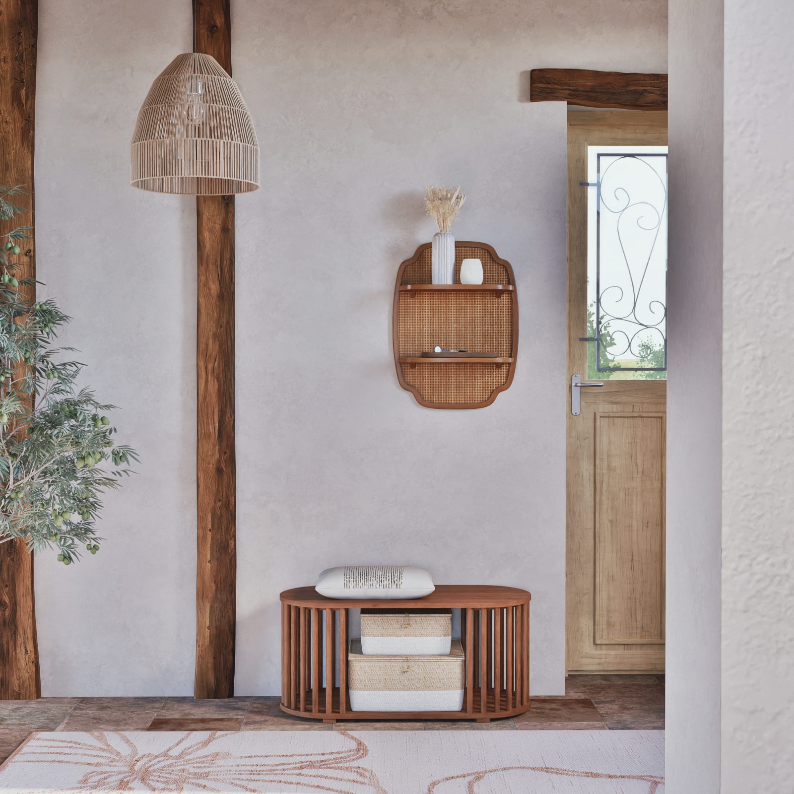 Étagère murale en bois d'acacia et rotin Indira Maisons du Monde en ambiance