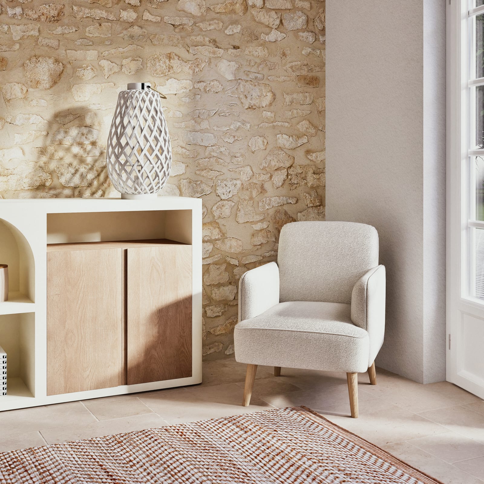 Fauteuil scandinave bouclette blanche