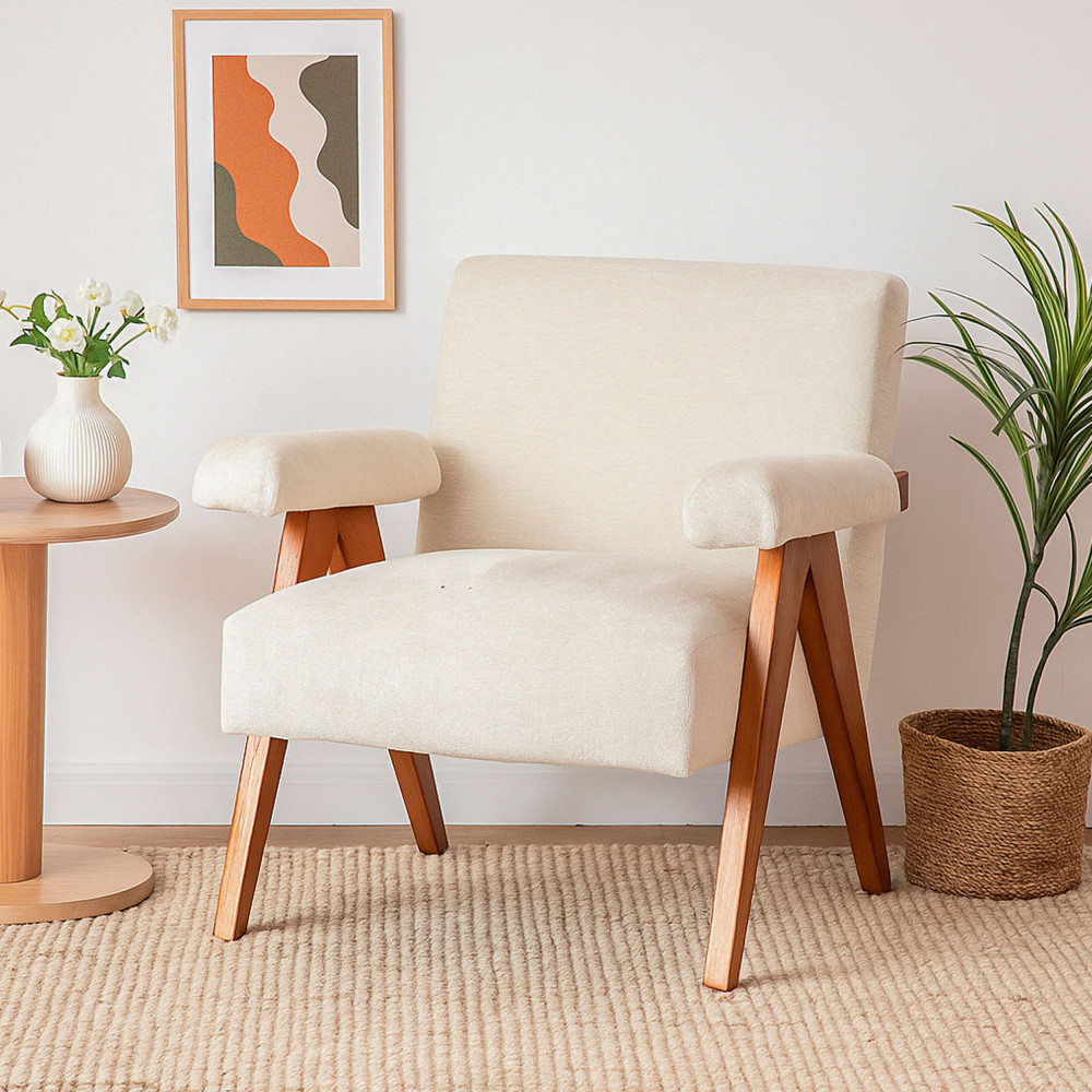 Fauteuil scandinave en tissu chenille écru