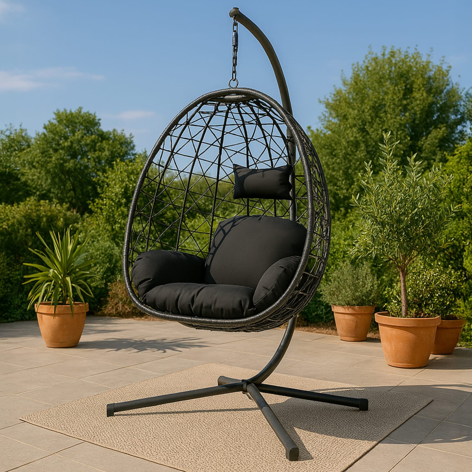 Fauteuil suspendu en rotin noir Cuzco en ambiance