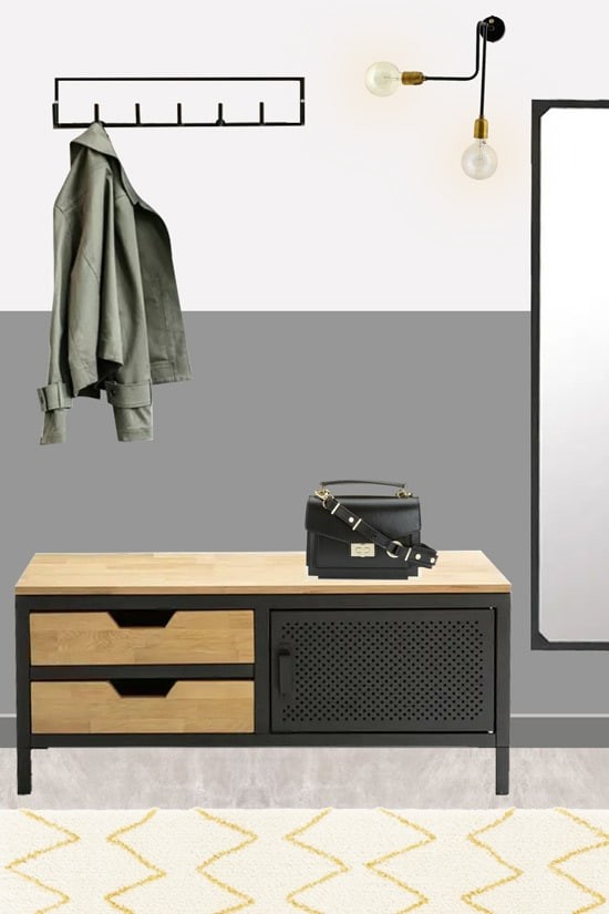 Entrée style industriel avec suspensions ampoules, miroir noir et meuble à chaussures avec rangement