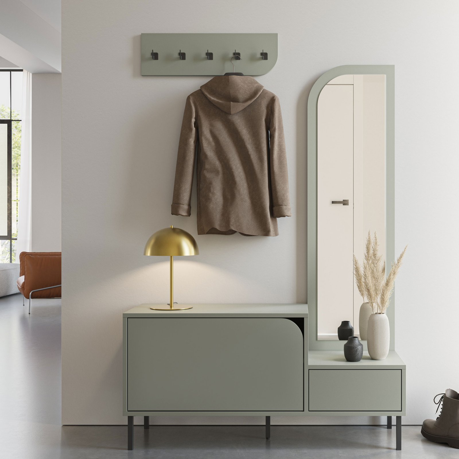 Meuble d'entrée Silvar vert amande avec miroir et portant en situation