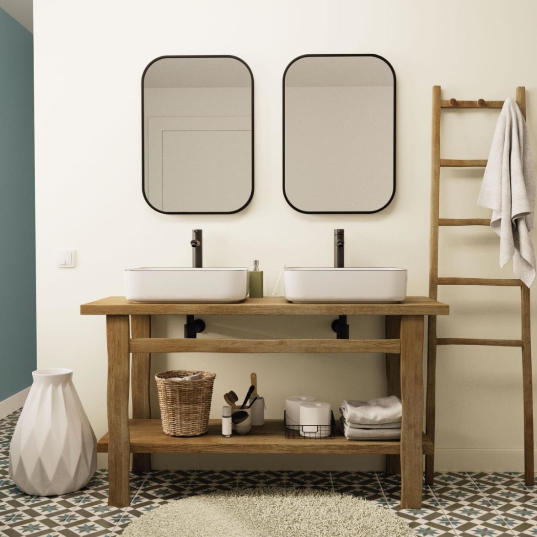 Meuble double vasque sur pieds en bois en situation dans une salle de bain