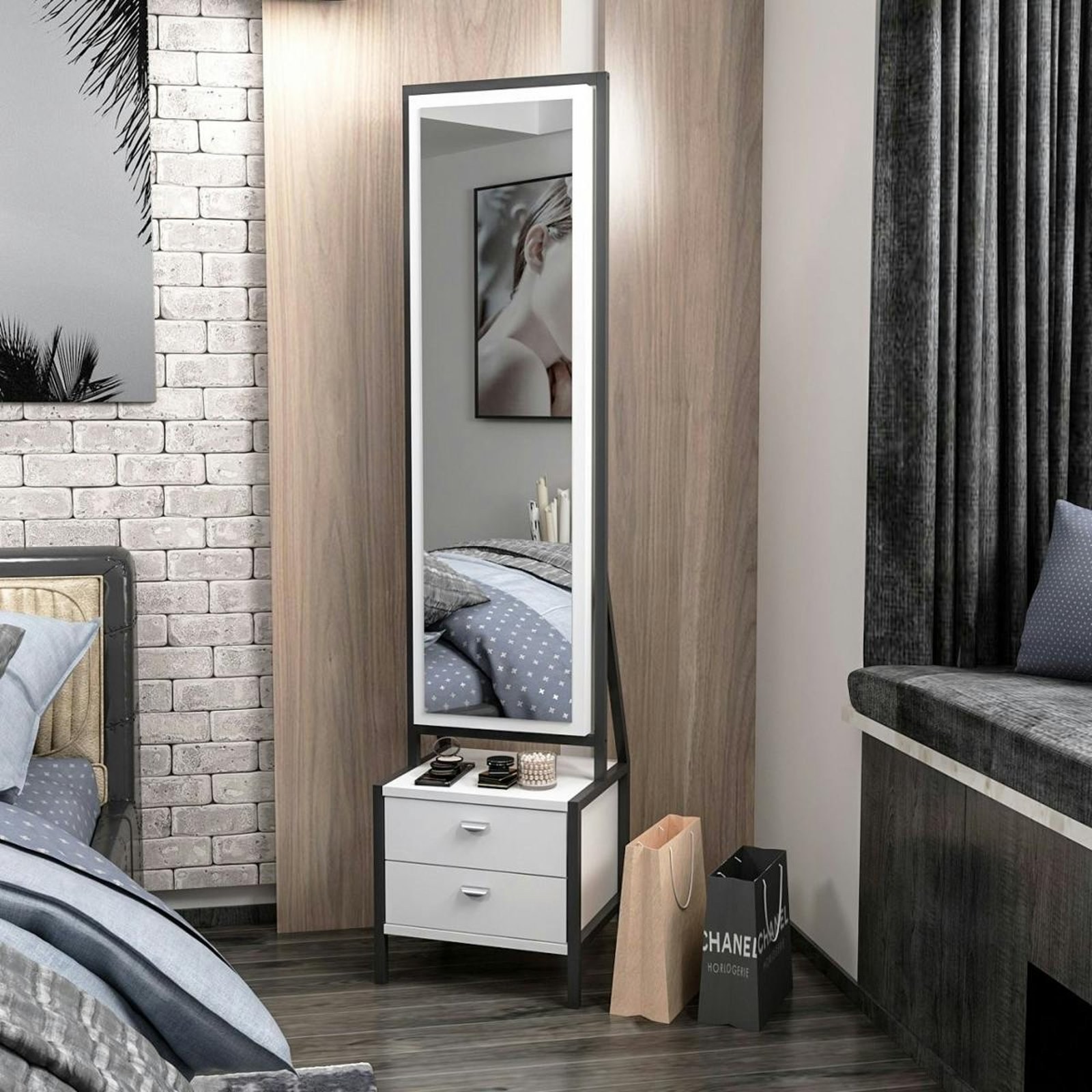 Miroir sur pied Cody blanc avec tiroirs en situation dans une chambre