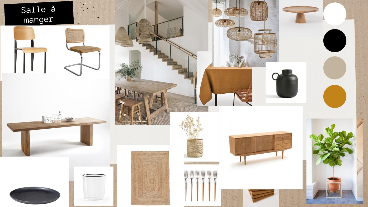 Moodboard de la salle à manger avec suspensions en rotin, nappe terracotta, vaisselle et chaises en bois