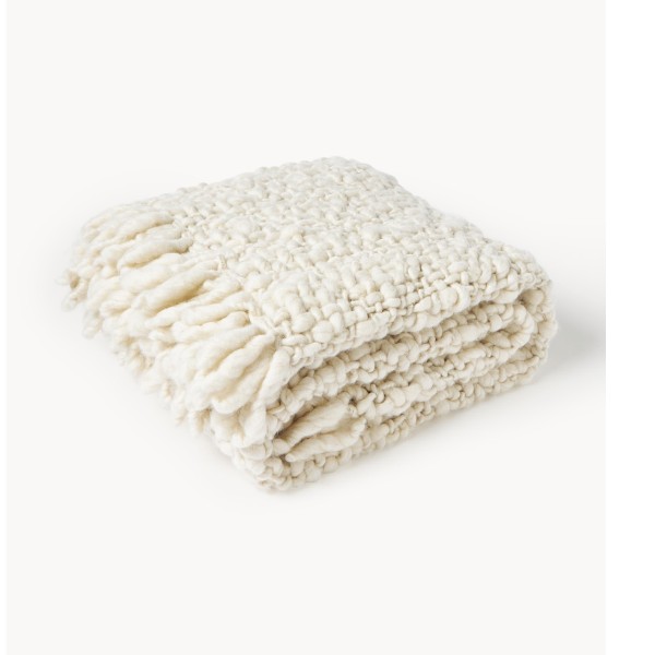 Plaid grosse maille en laine Belen écru à franges Westwing