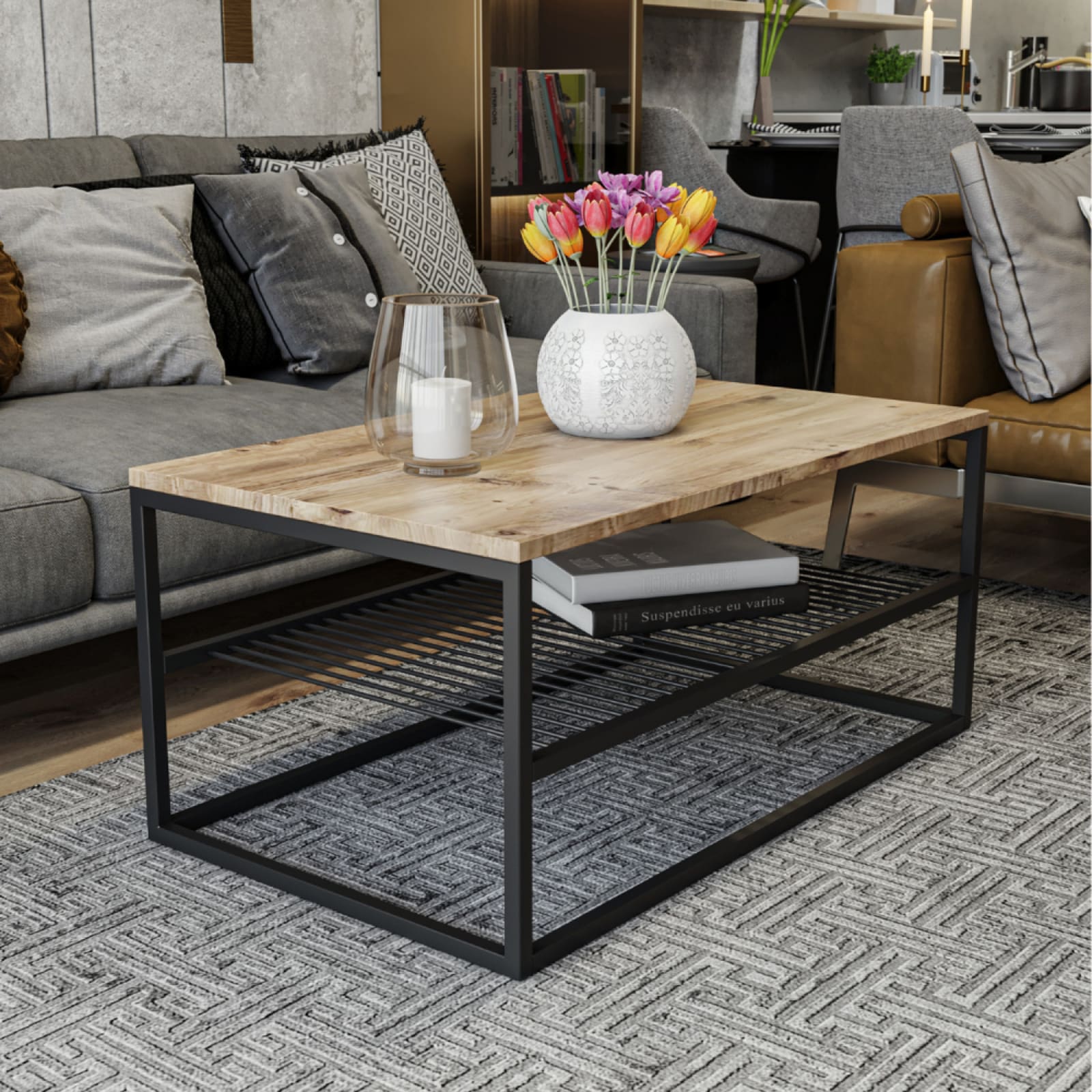 Table basse industrielle avec étagère