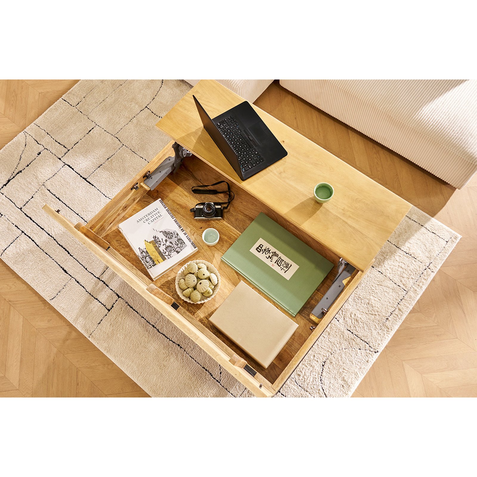 Table basse industrielle relevable avec rangement