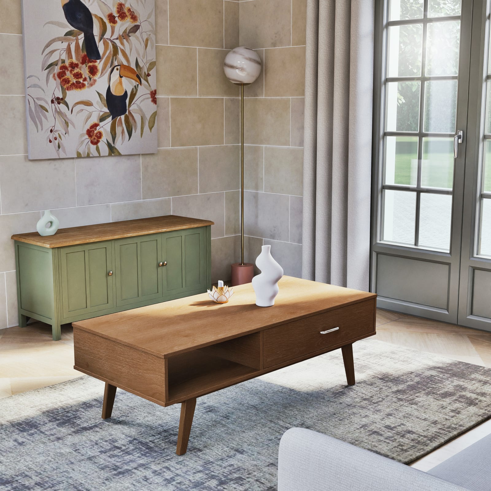 Table basse Paulette avec tiroir à façade géométrique dans un salon