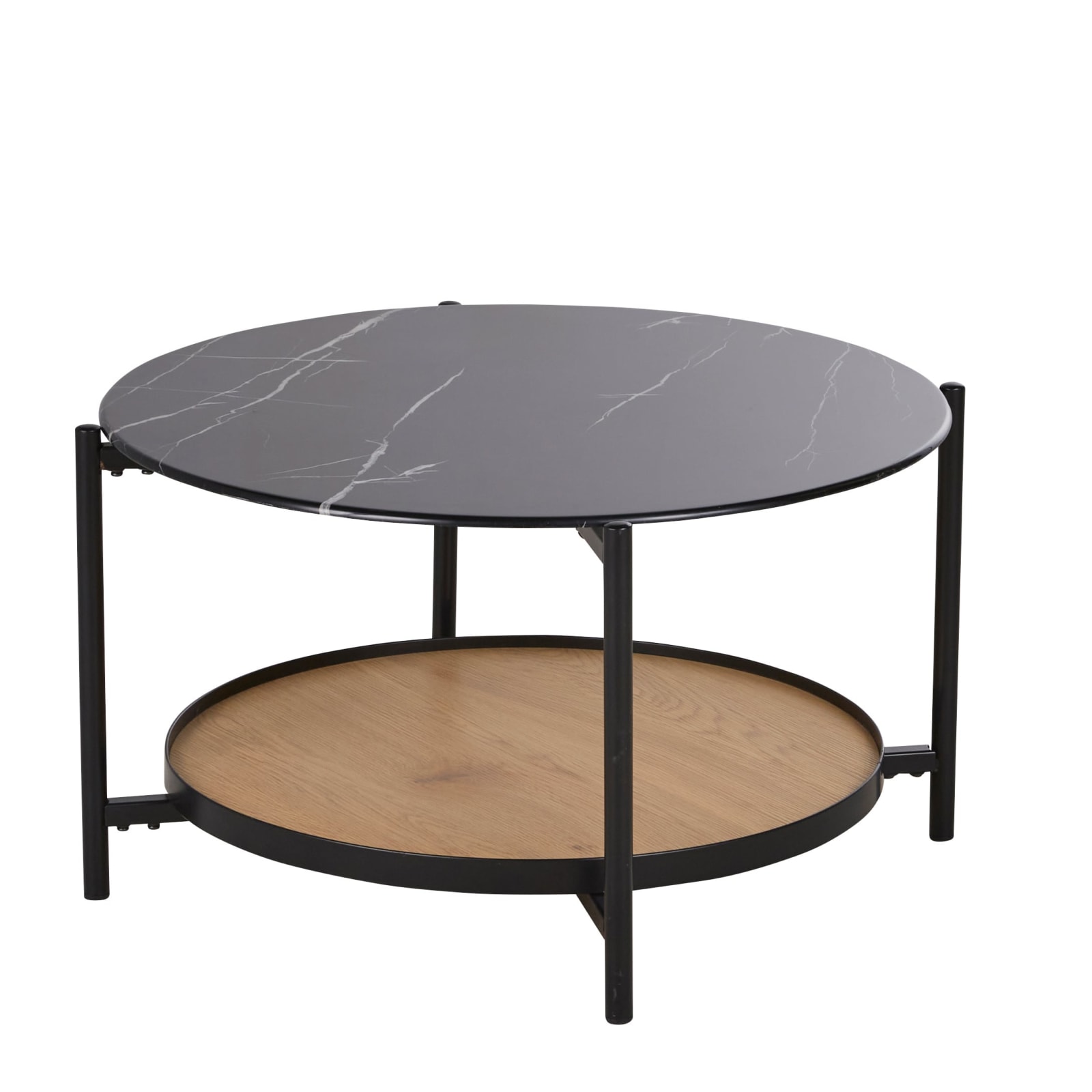 Table basse Stona en verre trempé effet marbre noir dans un salon graphique