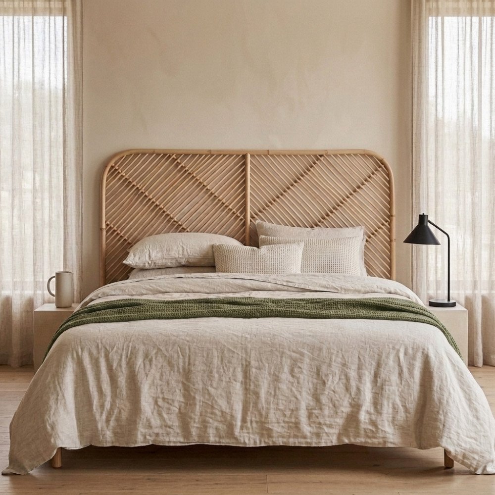 Tête de lit en rotin Kayan en ambiance dans une chambre beige