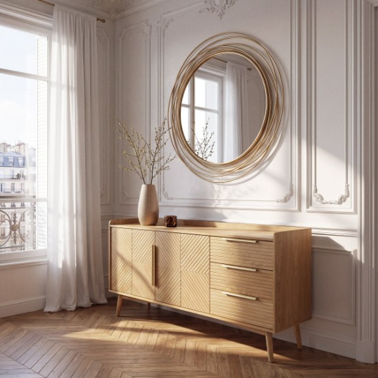 Buffet vintage Axelle en chêne mis en scène dans une pièce à vivre