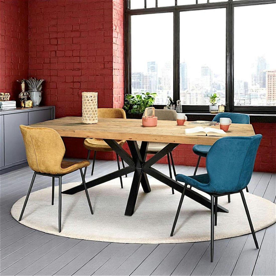 Table plateau bois recyclé et pied métal Canberra en situation