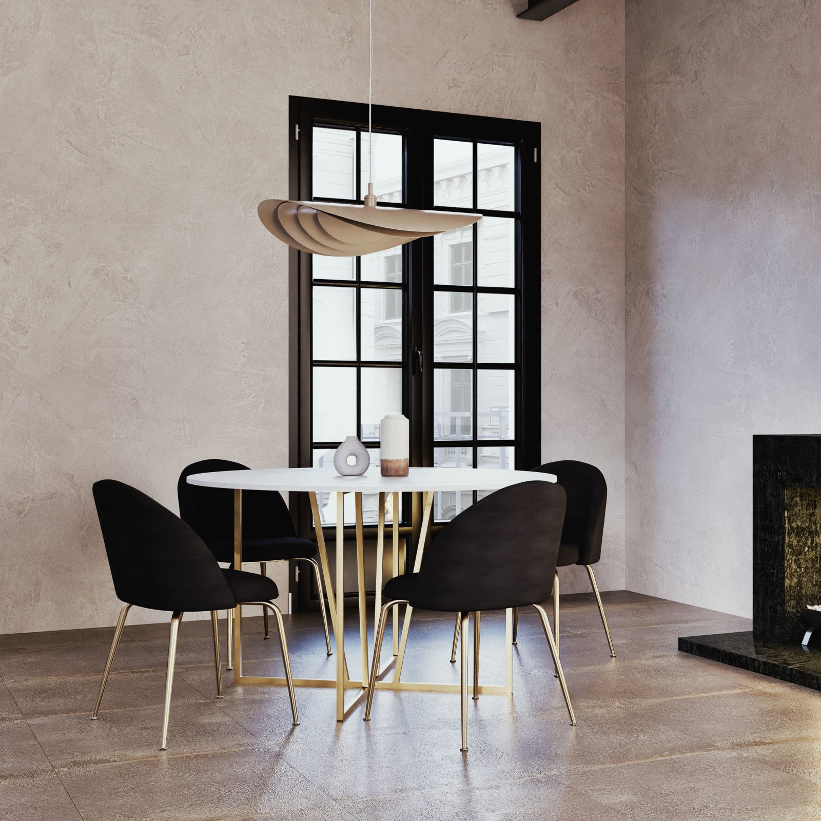 Chaise Ginette en velours noir en situation dans une salle à manger