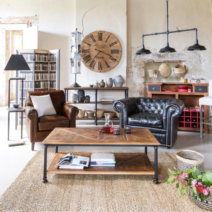 Fauteuil en cuir Sinatra dans un salon au style industriel vintage