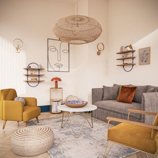 Fauteuil jaune Honey Maisons du Monde dans un petit salon