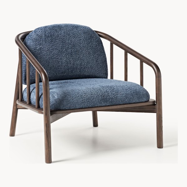 Fauteuil vintage Balin en bois de frêne foncé et peluche bleu nuit, Westwing
