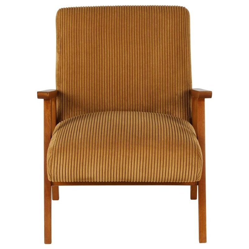 Fauteuil vintage Hermann en velours côtelé jaune curry et bois de hêtre, vue de face