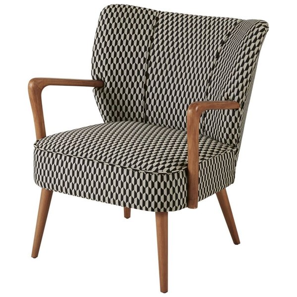 Fauteuil vintage Meyer en tissu à motifs graphiques noirs et blancs, pieds bois fuselés