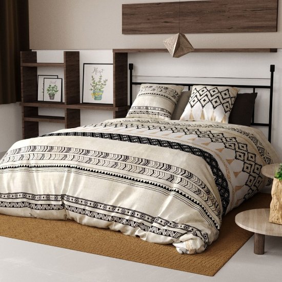 Housse de couette bohème à motifs graphiques noir et blanc