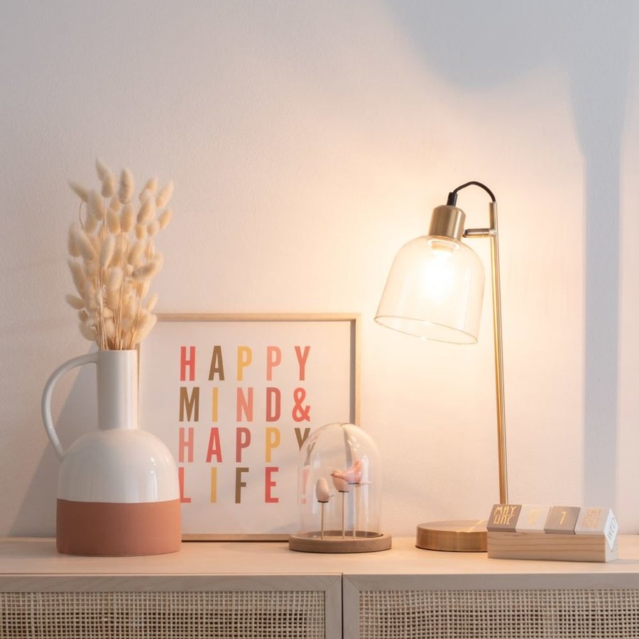 Lampe à poser vintage en acier doré et verre soufflé