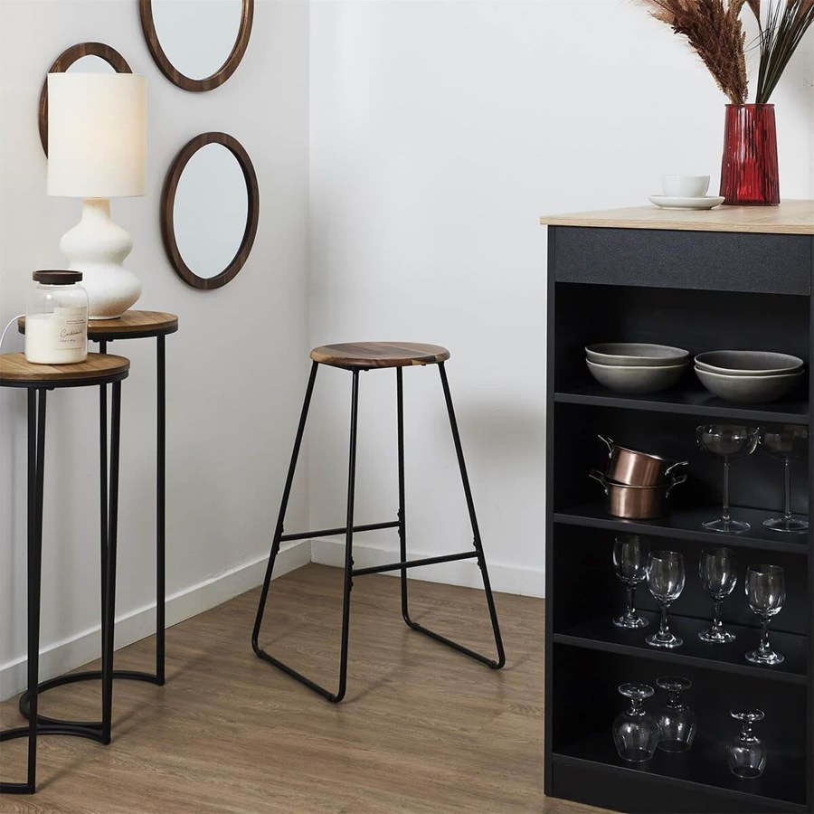 Tabouret de bar Lucien métal filaire et acacia, vue de trois quarts